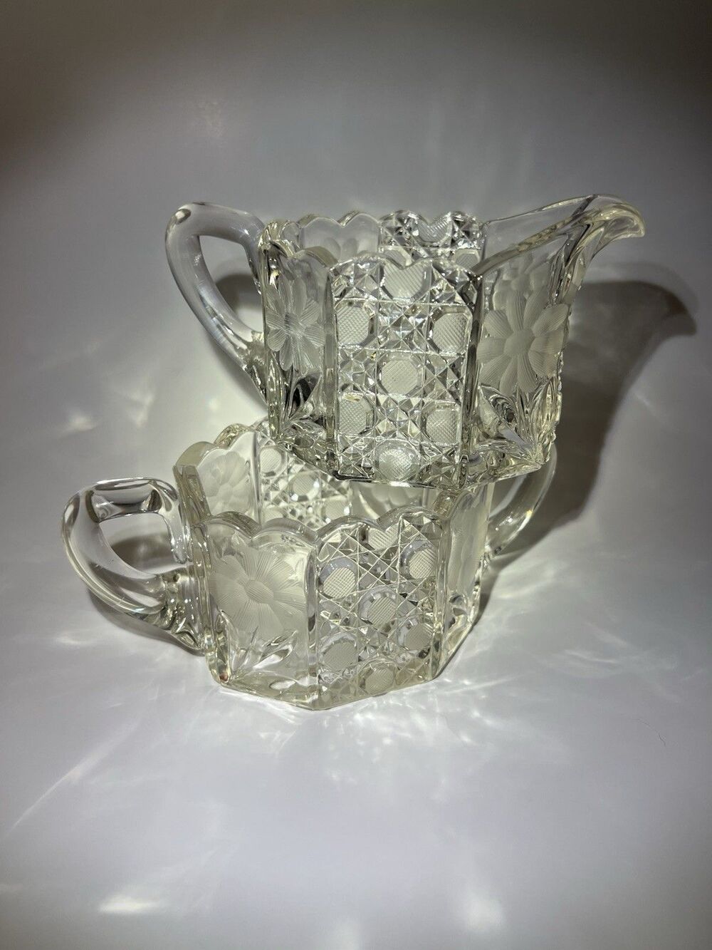 1920s Daisy Cut EAPG Heavy Glass Creamer & Sugar Sawtooth Rim McKee Innovation